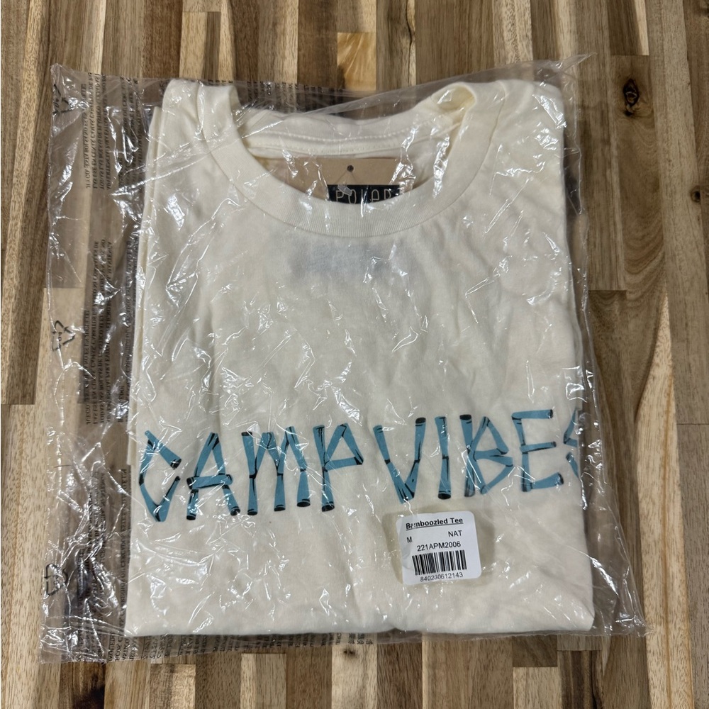 Cream T-Shirt with Blue 'CAMP VIBE' Print by Poler